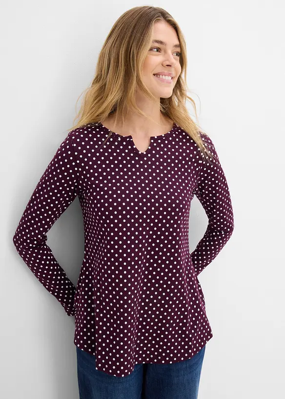 Gepunktetes Baumwoll-Langarmshirt mit Seitenschlitzen, bonprix