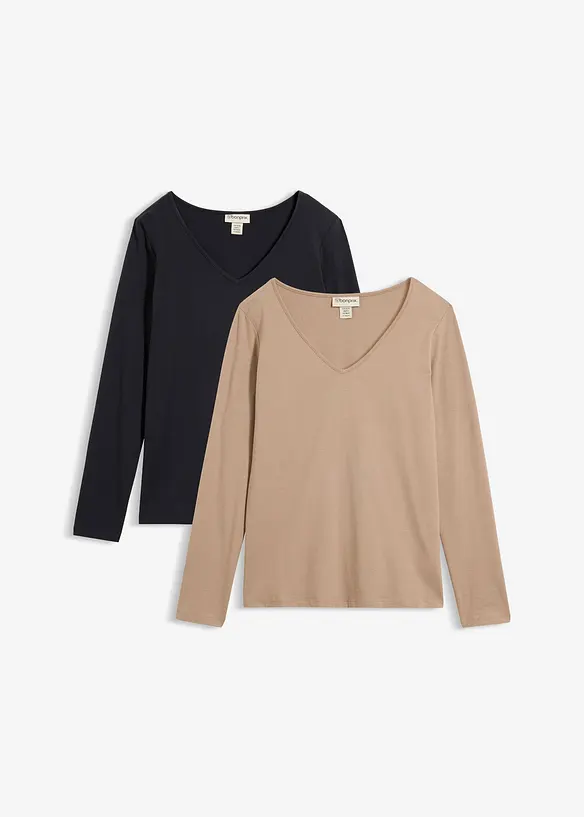 Lot de 2 T-shirts manches longues pr&egrave;s du corps, bonprix