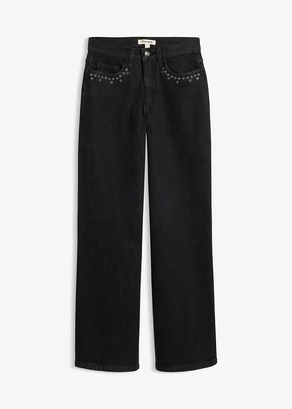 Wide-Leg-Jeans, High Waist mit Nietenbesatz, bonprix