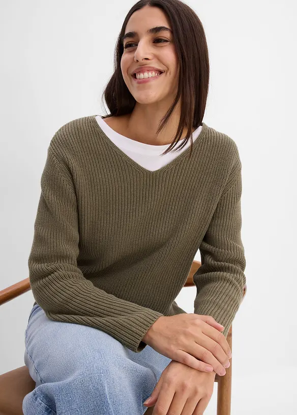 Pull en maille c&ocirc;tel&eacute;e 100% coton, bonprix