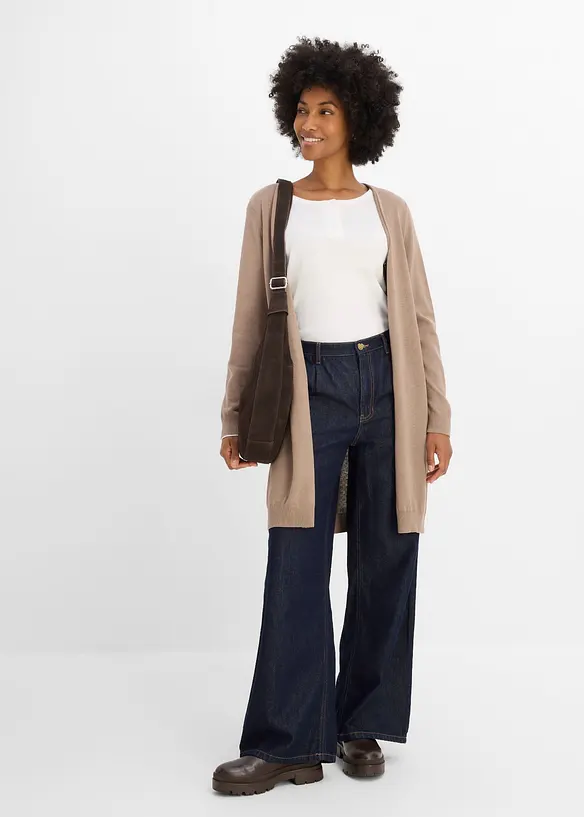 Gilet long en maille avec bordure roulott&eacute;e, bonprix
