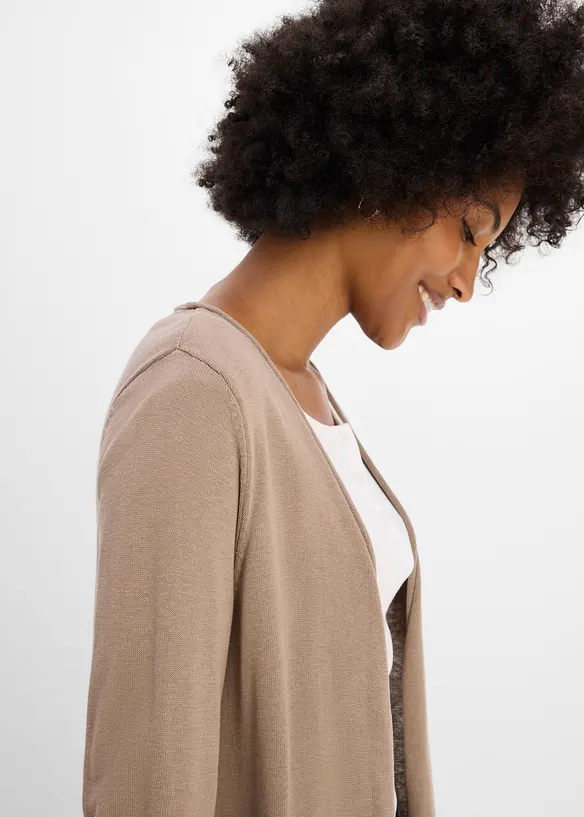 Gilet long en maille avec bordure roulott&eacute;e, bonprix