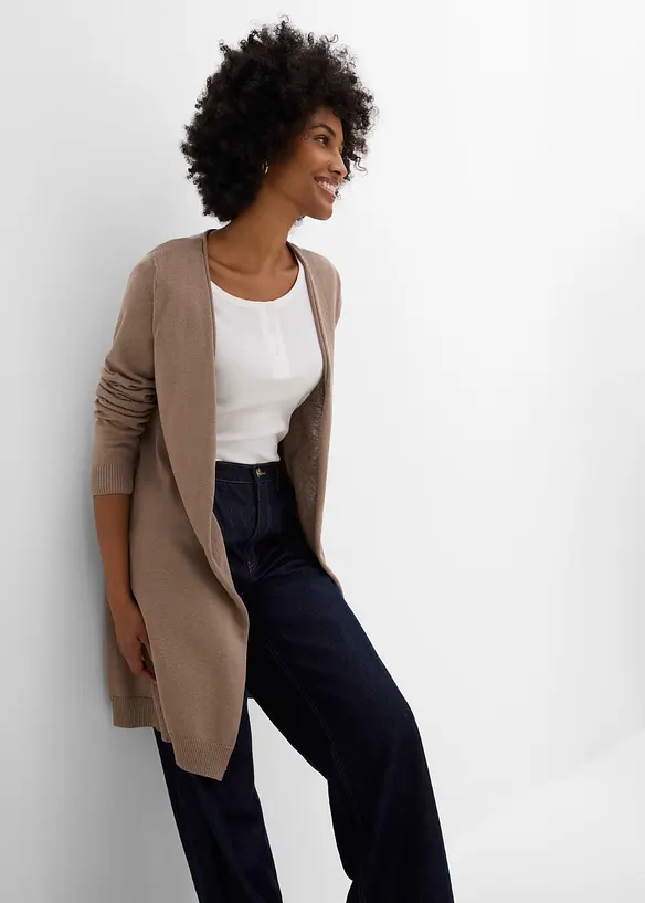 Gilet long en maille avec bordure roulott&eacute;e, bonprix