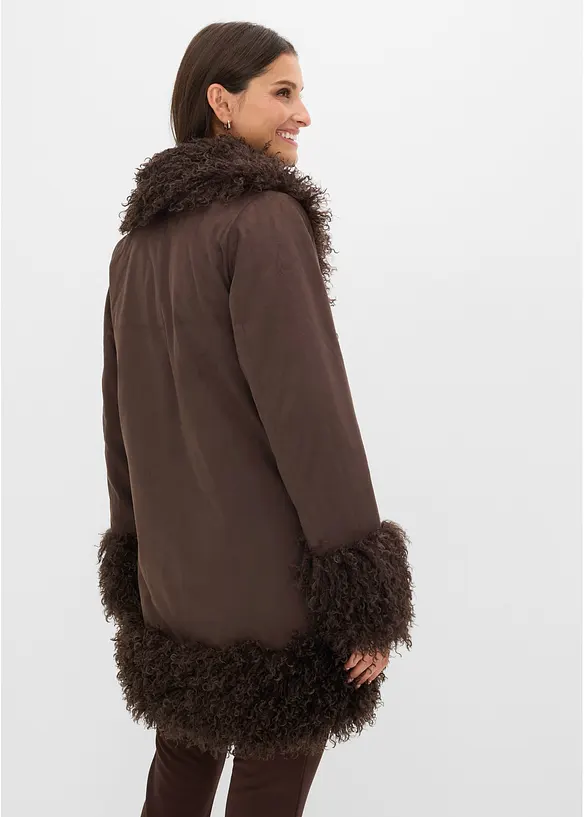 Manteau enduit avec bordures moutonn&eacute;es, bonprix