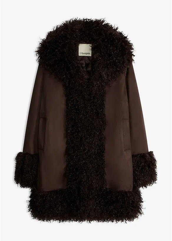 Manteau enduit avec bordures moutonn&eacute;es, bonprix