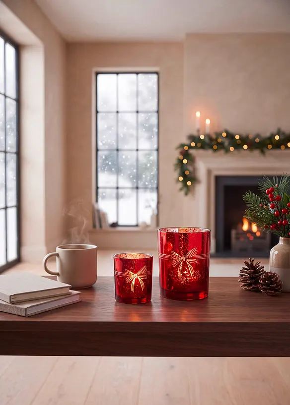 Porte-bougie chauffe-plat avec n&oelig;ud de Noel (ens. 2&nbsp;pces), bonprix