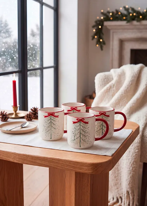 Lot de 4 tasses motif sapin avec n&oelig;ud, bonprix