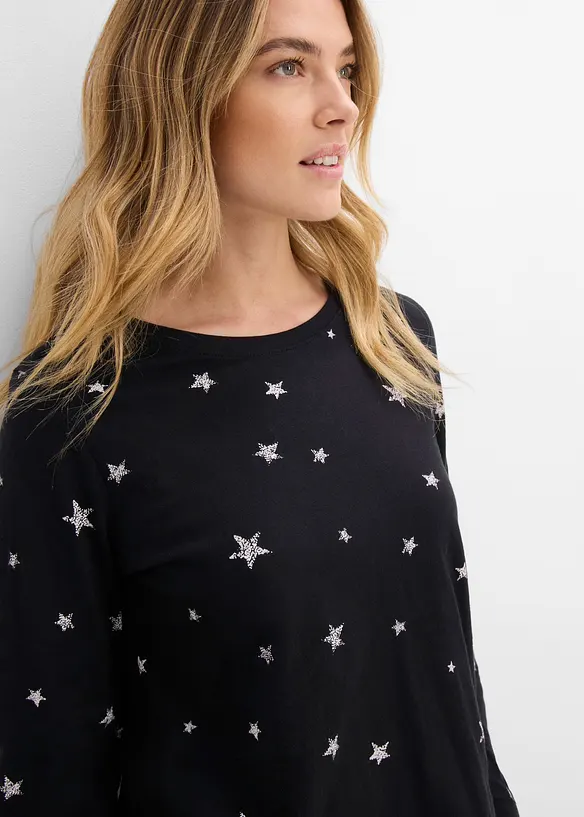 T-shirt coton imprim&eacute;, manches longues, bonprix