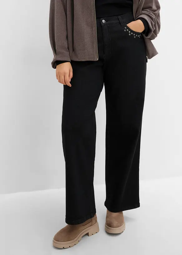 Wide-Leg-Jeans, High Waist mit Nietenbesatz, bonprix