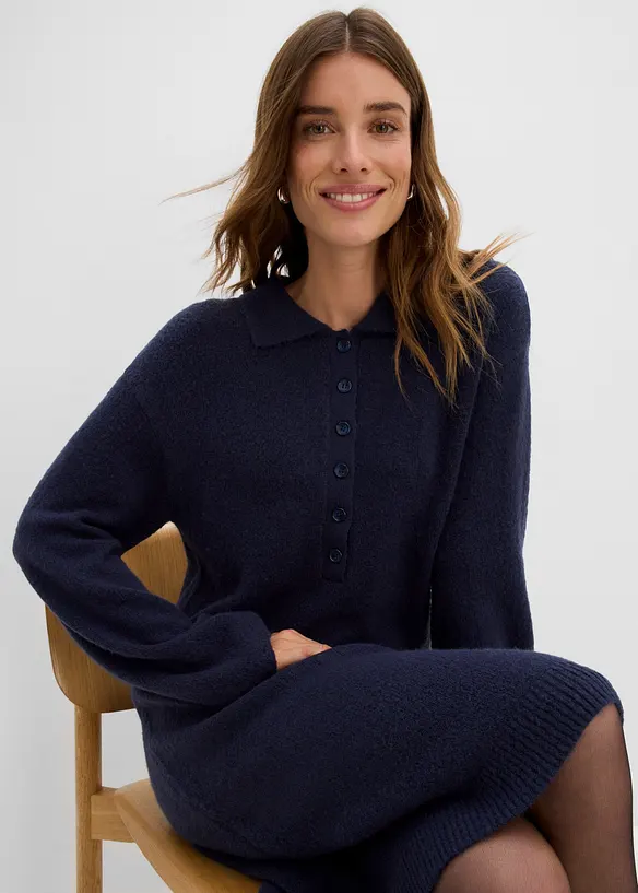 Robe courte en maille &agrave; encolure boutonn&eacute;e, bonprix