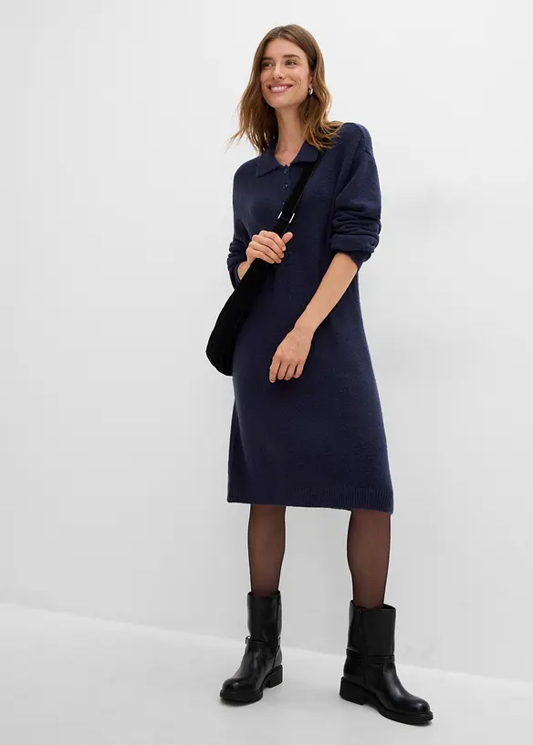 Robe courte en maille &agrave; encolure boutonn&eacute;e, bonprix