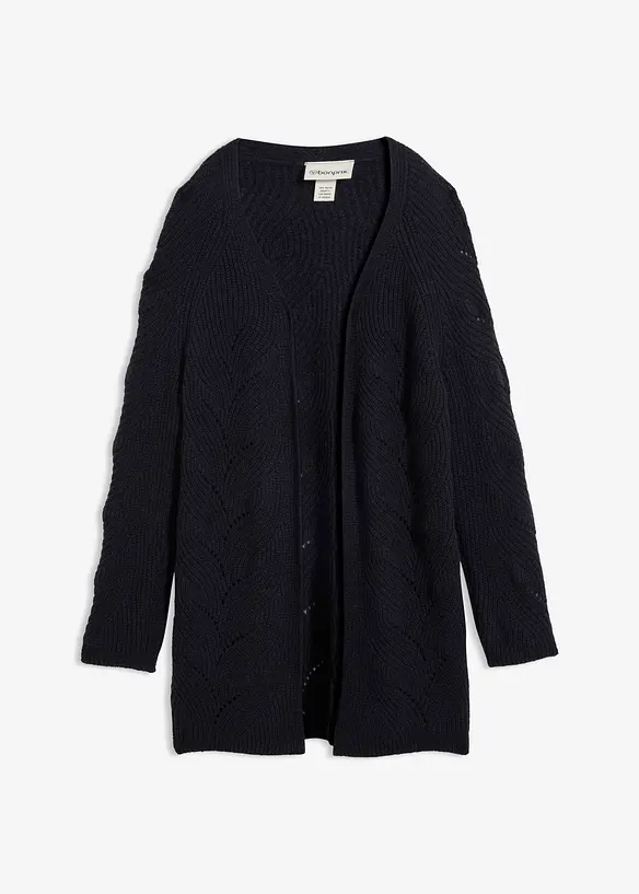 Longstrickjacke aus feinem Merinowoll-Mix mit Ajourmuster, bonprix