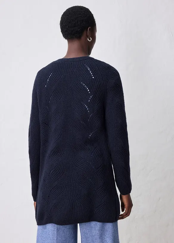 Longstrickjacke aus feinem Merinowoll-Mix mit Ajourmuster, bonprix