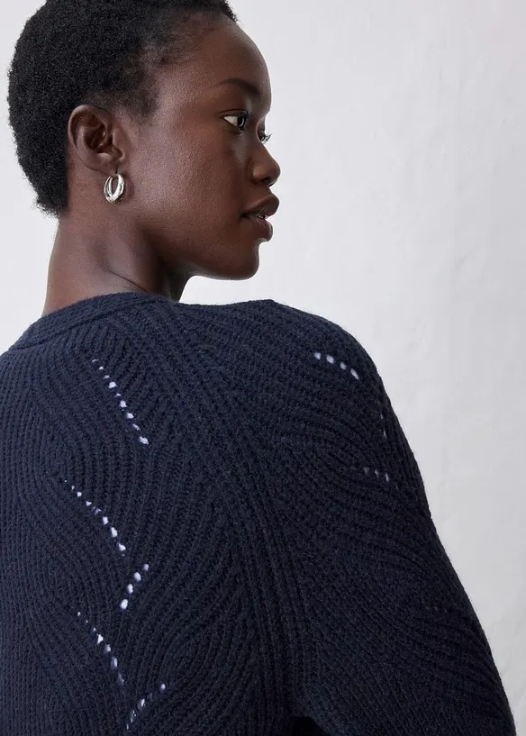 Longstrickjacke aus feinem Merinowoll-Mix mit Ajourmuster, bonprix