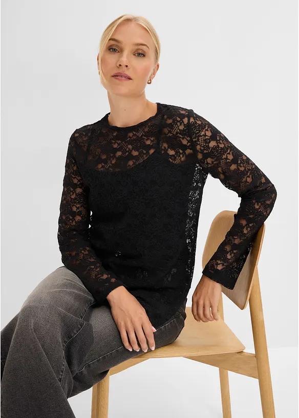 Langarmshirt aus elastischer Spitze, bonprix