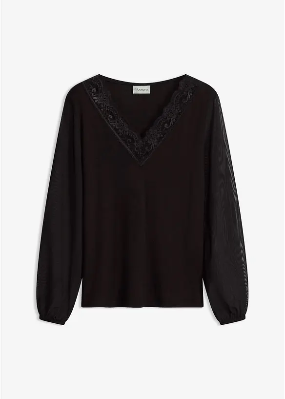 Langarmshirt mit Spitzenbesatz am V-Ausschnitt, bonprix