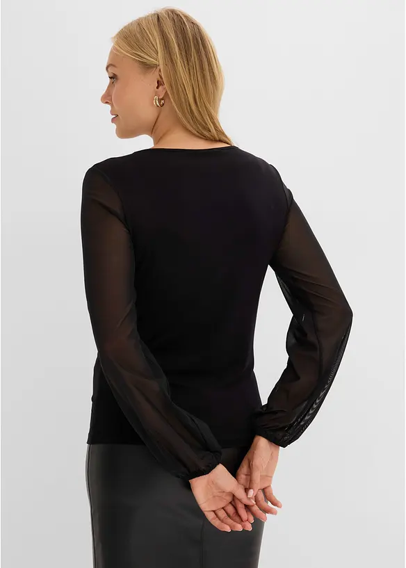 Langarmshirt mit Spitzenbesatz am V-Ausschnitt, bonprix