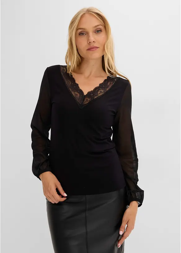 Langarmshirt mit Spitzenbesatz am V-Ausschnitt, bonprix