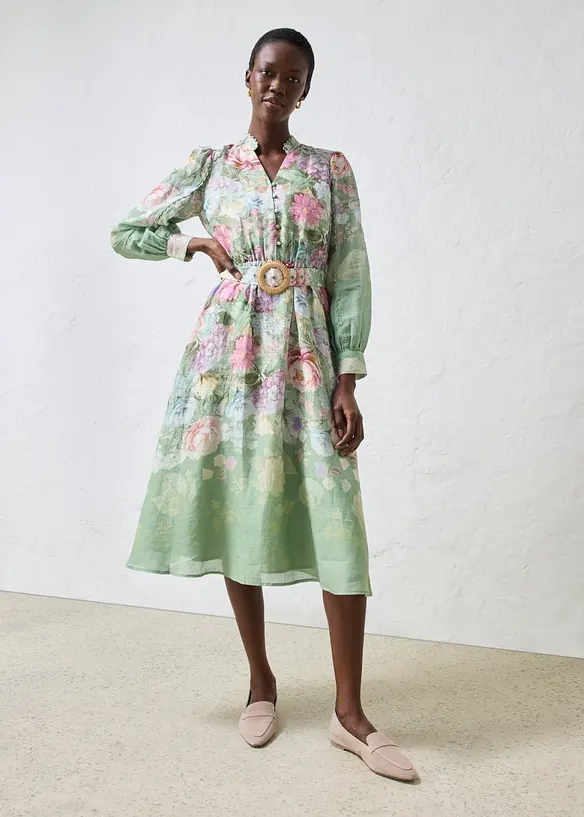 Robe midi en ramie avec ceinture (ens. 2 pces), bonprix
