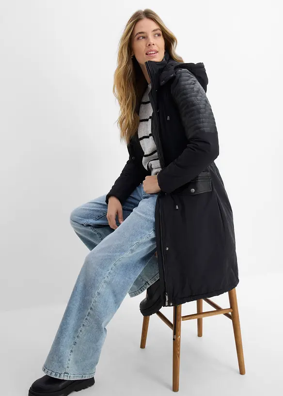 Long-Parka mit Lederimitateinsatz, bonprix