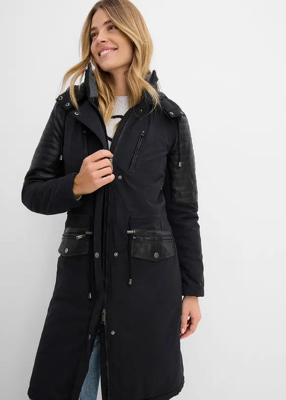Long-Parka mit Lederimitateinsatz, bonprix