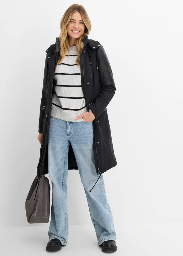 Long-Parka mit Lederimitateinsatz, bonprix