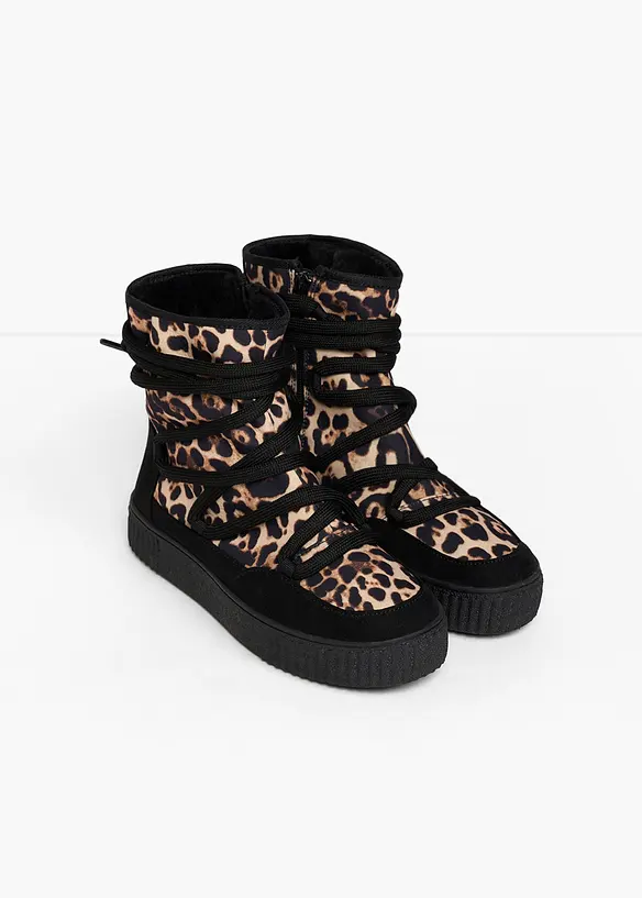Boots l&eacute;opard fourr&eacute;es &agrave; lacets, bonprix