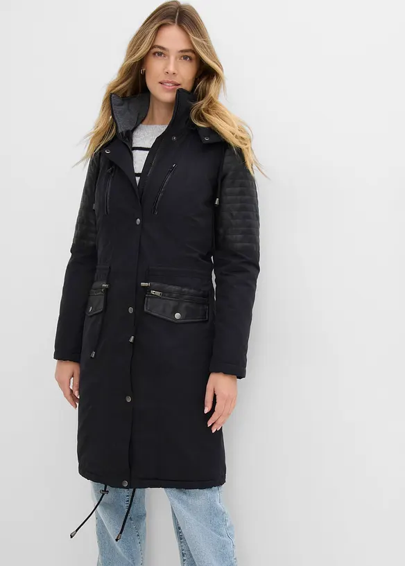 Long-Parka mit Lederimitateinsatz, bonprix