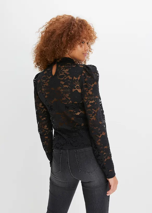 Figurbetontes Langarmshirt mit Spitze, bonprix