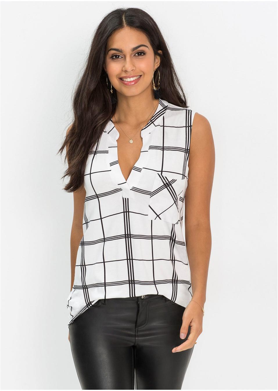 Ärmelloses Blusenshirt mit kleiner Tasche - weiss/schwarz ...